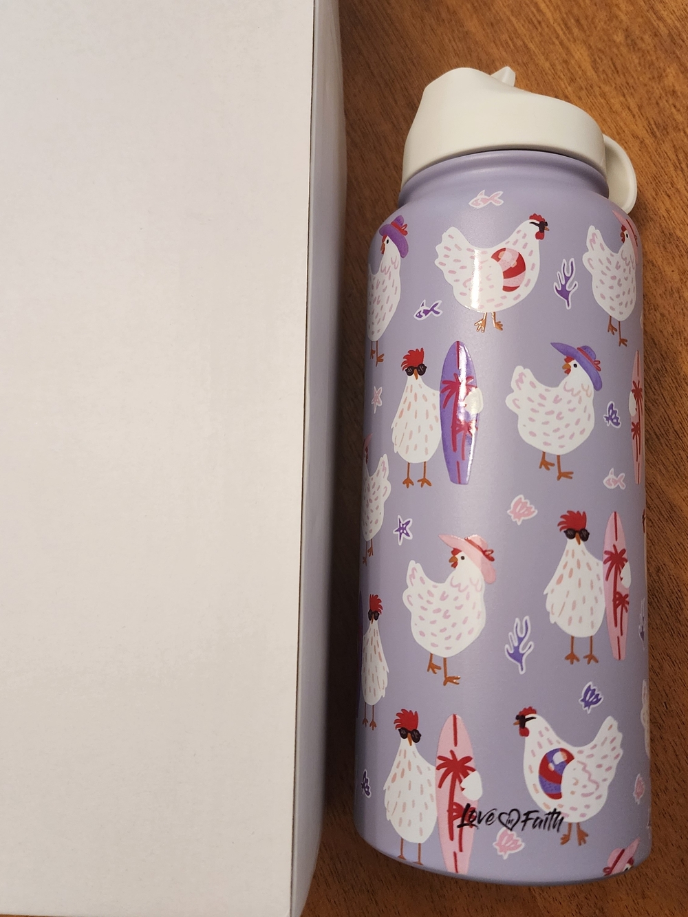 Lavender & White Chicken Print Stainless Water Bottle 32oz🐔 Chicken Of The Sea